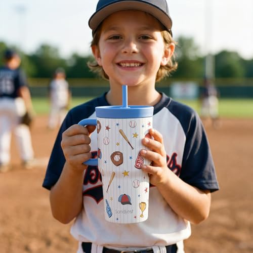 SANDJEST Baseball Stainless Steel Tumbler 20oz with Handle and Silicone Straw Locking Lid for Kids Boys Girls, Birthday Christmas Back to School - color: Baseball