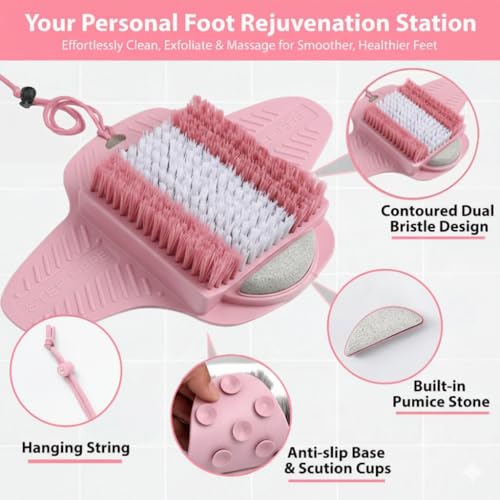 Efforest Shower Foot Scrubber Mat with Pumice Stone - Cleans, Smooths & Removes Dead Skin on Foot Without Bending, Foot Callus Remover with Non-Slip Suction Cups (Pink) - color: Pink