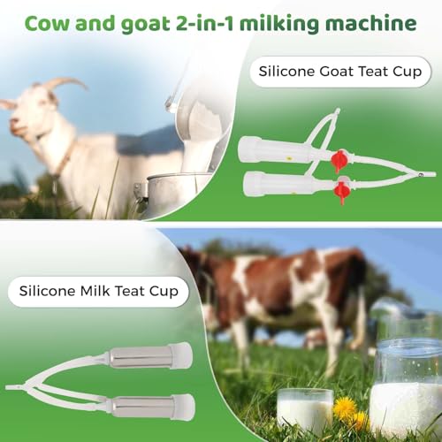7L 2-in-1 Milking Machine for Goats and Cows, Electric Goat and Cow Milking Machine, Battery Powered Pulsation Vacuum Pump, Portable Rechargeable Milker, Stainless Steel Bucket with 4 Teat Cups