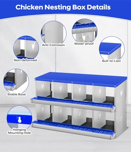8 Compartment Chicken Nesting Boxes, Metal Roll Away Egg Laying Boxes with Removable Tray & Lid Cover, Chicken Coop Nest Box for Hens, Egg Protection Design (Without Legs) Green - color: Blue, size: 8 hole - without leg
