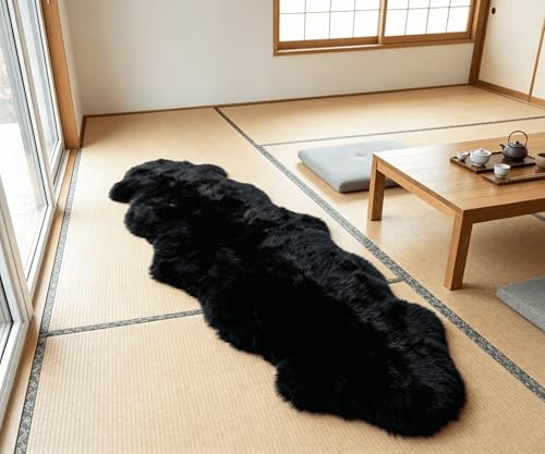 AOGELAN Fluffy Genuine New Zealand Sheepskin Rug Double Pelt/2'x 6' Black | Natural Fluffy Fuzzy Sheepskin Fur Area Rug,Chair Sofa Seat Cover,Living Room,Bedroom,Pets Dogs Mat,Pray Pup Mat,Yoga Mat - color: Black, size: 2' x 6' (Double Pelt)