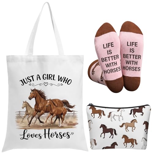 Tudomro 3 Pcs Funny Horse Gifts Set for Women Novelty Animal Crew Socks Canvas Tote Bag Makeup Bag Horse Lovers Gifts for Equestrian Birthday - style: Horse