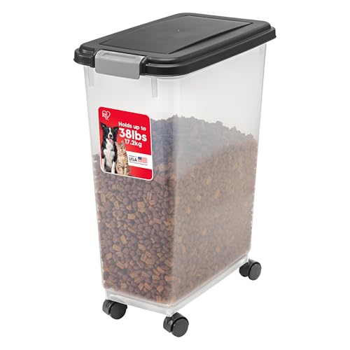 IRIS USA Dog Food Storage Container, Up to 38 lbs, Black, Made in USA | Wheels for Mobility, Airtight Seal, BPA-Free, Best for Bird Seed, Cat food, Cat Litter, Chicken Feed, Pellets - color: Black, size: 38 lbs