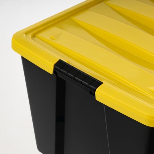 IRIS USA 6-Pack 72 Quart Storage Bins with Lids, Black/Yellow | Black finish conceals stored items. Perfect for moving, blankets, clothing, and garage storage. Nestable design saves space - size: 72 Qt, style: 6 Pack