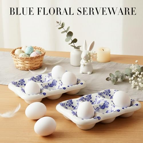 2 Pcs Ceramic Egg Tray 6 Cups Chinoiserie Eggs Holder Blue and White Porcelain Kitchen Counter Table Fridge Storage Accessory Blue Floral Spring Decoration for Housewarming Gift