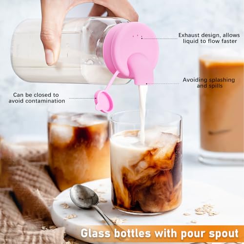 Sovietiep 4 Pack 16 Oz Glass Milk Bottles With Lids, Breastmilk Pitchers | Glass Bottles With Silicone Dispenser Caps For Juice, Drinks And Breastmilk Storage, 500ML, ML/OZ Scale Line, Dishwasher Safe