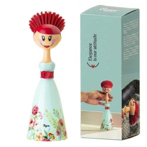 Vigar Dolls Dish Brush with Holder for Dishes - Green, Red | Dish Scrubber, Kitchen Scrub Brush, Dishwashing Brush Tool for Kitchen Sink Cleaning, Cute Standing Design - color: Green, Red