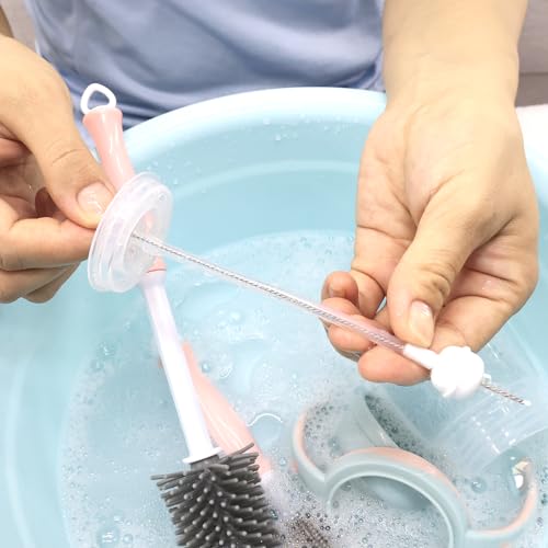 Silicone Cleaning Brush, 12" Long Handle Water Bottle Cleaner | Soft Silicone Bristles | For Water Bottles, Baby Bottles, Sports Bottles, Vases and Glassware - color: Pink