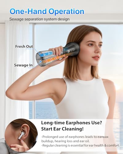 Ear Wax Removal with One-Piece Waste Tank, Powered Ear Wax Remover, IPX7, 5000mAh, 12 Tips, 3 Pressure Modes, Safe & Effective Ear Cleaning Electric Water Irrigation System at Home