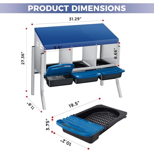 PrecisionAuto Chicken Nesting Box, 3 Compartment with Support Legs Automatic Roll Away Egg Collection, Ventilated Galvanized Steel, Wall Mount or Freestanding Hen Coop Accessory, Blue - color: Blue