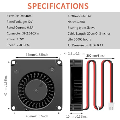 Wathai 4010 40mm Blower Fan 12v Centrifugal Fan for DIY 3D Printer Cool | 2pcs 12V Small DC Blower Fan 2pin for DIY Cooling - size: 40x10mm (12V Sleeve)