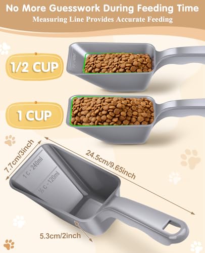 2-Pack Dog Food Scoop 1 Cup, Plastic Pet Food Measuring Scoop With Measuring Lines (1/2 & 1 Cup Markings) for Dogs, Cats, Fish, Bird（Grey) - color: Gray