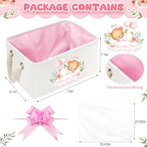 Pickmesh Baby Shower Storage Basket with Gift Bags Rectangular Ribbons Collapsible Canvas Storage Bin with Handles for Diaper Organizing Toy Home DIY Gift Basket, 13 x 9. 1 x 7. 1 Inch(Pink Bear) - style: Pink Bear
