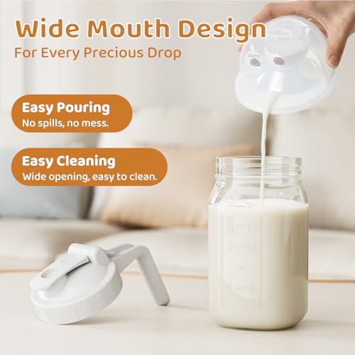 32 oz Breast Milk Pitcher, Glass Mason Jar Pitcher with Lid | Airtight, Leak Proof, Wide Mouth, Pour Spout Lid, Thick Glass, Fridge Safe, Ergonomic Handle, Easy to Clean - color: White, size: 32 Ounces