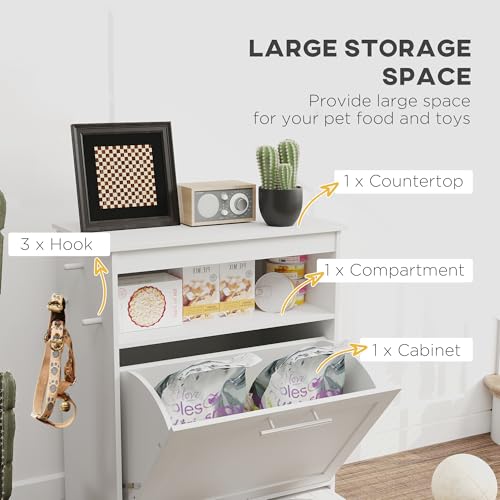 PawHut Dog Feeding Station with Raised Bowls, Pet Feeder Station, White | Dog Food Storage Cabinet, Hanger for Feeding & Watering Supplies - color: White