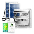 Solar Exhaust Fan for Greenhouse with Smart Thermostat and Battery | Solar Powered Attic Fans 10", 2PCS 15W Bifacial Panels, Metal Build, Waterproof, for Outdoor, Garage, Shed, Chicken coop - size: 10 Inch