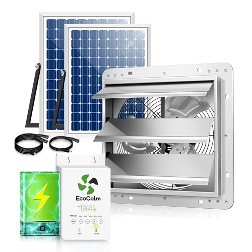 Solar Exhaust Fan for Greenhouse with Smart Thermostat and Battery | Solar Powered Attic Fans 10", 2PCS 15W Bifacial Panels, Metal Build, Waterproof, for Outdoor, Garage, Shed, Chicken coop - size: 10 Inch