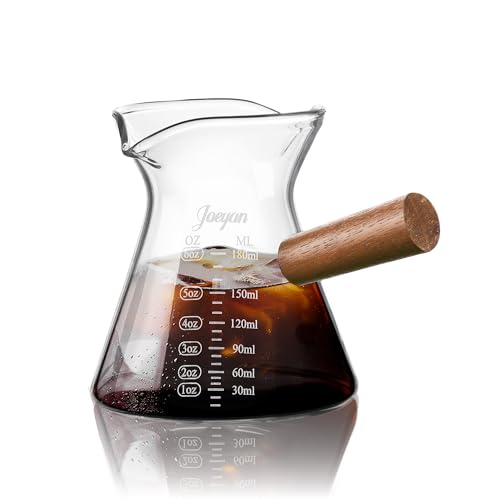 Joeyan 6 oz Glass Measuring Cup with Double Spouts,Clear Borosilicate Espresso Shot Glasses with Wooden Handle,Milk Creamer Frothing Pitcher Barista Coffee Carafe - color: 6 Oz Dual Spouts Clear Measuring Cup