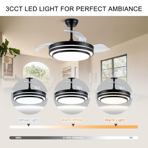 42 Inch Retractable Ceiling Fan with Lights Fandelier Ceiling Fan | Modern Black Fandalier Ultra Thin Chandelier LED Light for Bedroom Living Room, 3CCT Reversible Quiet DC Motor 6 Speeds - color: 4204-Black