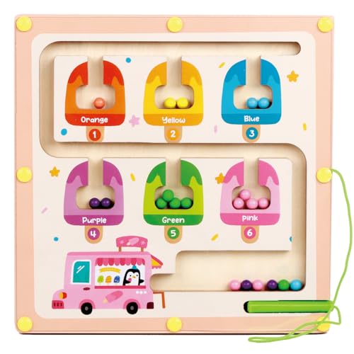 QimuMku Wooden Maze Magnetic Busy Board & Travel Toy for Toddlers Ages 2-4 | Magnetic maze travel activity for toddlers that builds fine motor skills, focus and screen-free learning on the go. - color: Ice Cream Magnetic Maze
