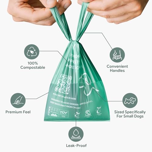 Small Dog Poop Bags, Compostable Plant-Based Waste Bags with Tie Handles, 24 Rolls (360 Count), Leak-Proof, Sized for Chihuahua, Pomeranian, Toy Poodle and Puppies