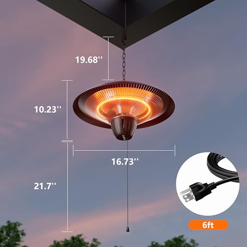 1500W Electric Patio Heater, Hanging Infrared Outdoor Heater with Carbon Fiber Heating, Waterproof Ceiling Mounted Heater for Gazebo, Porch, Garage & Covered Patio - color: Black