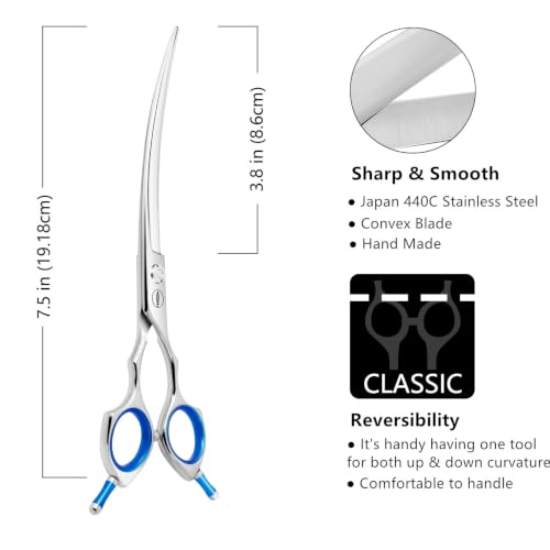 HASHIMOTO Curved Dog Grooming Scissors, 7.5 inch, Trimming Face and Paws | Sharp, Lightweight, 440C Stainless Steel, 30 Degree of Curved Blade - size: 7.5", style: Curved