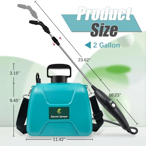 2 Gallon Battery Powered Sprayer, Electric Pump Sprayer in Lawn and Garden | USB Rechargeable Handle, 3 Mist Nozzles, Retractable Wand, Yard Sprayers with Adjustable Shoulder Strap for Yard, Garden - color: Blue-green, size: 2 Gallon