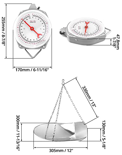 QWORK 110 lbs Large Display Spring Dial Weight Scale & Scale Scoop/Chain with Hanging Cradle, Steel Construction, for Shopping, Traveling, Kitchen, Silver