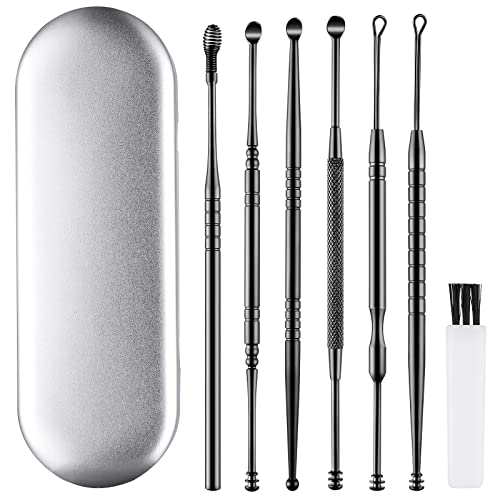 Ear Wax Removal Kit Ear Wax Cleaner Ear Wax Remover Black | 6 Pcs Ear Cleaner Stainless Steel Ear Cleaning Kit Spoon and Curette for Adults Reuse Daily Home and Travel Use - color: Black