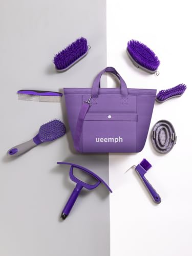Horse Grooming Kit (12-Piece): Brushes, Storage Bag, Sweat Scraper, Mane Comb, Grooming Gloves - Purple Horse Gifts for Girls - color: Purple