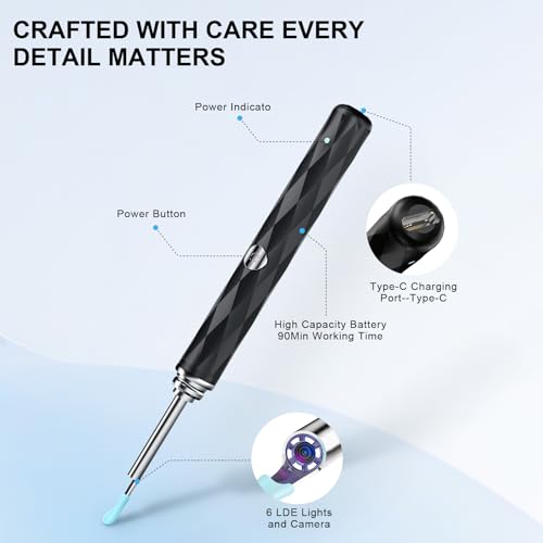 High-Definition Ear Wax Removal, Wireless Ear Cleaner, Safe and Gentle Ear Wax Removal Kit, Rechargeable Ear Cleaner with Camera and Light, Ear Cleaning Kit for Android and iOS (Black) - color: Black