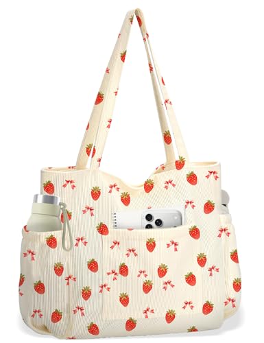 Corduroy Tote Bag for Women, Cute Floral Tote Bag with Zipper, Large Shoulder Handbag with Multi-Pockets for Work Travel Gym - color: Strawberry