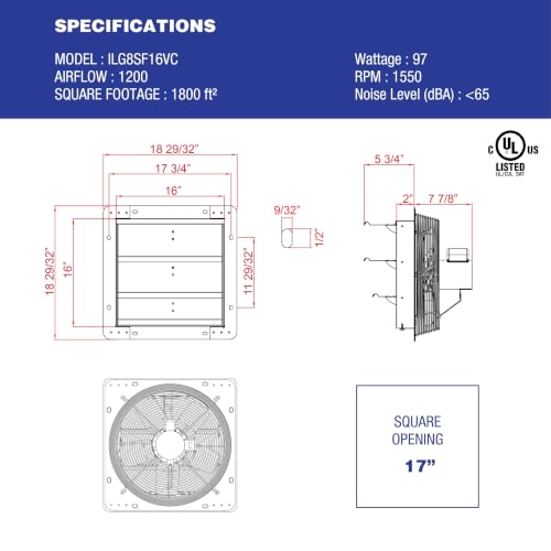 iLiving 16" Shutter Exhaust Fan with Wireless Smart Remote Controlled Thermostat and Humidity, Variable Speed Wall Mounted Attic Vent Fan, Chicken Coop Ventilation, 1200 CFM, 1800 SQF Coverage Area - size: 16 inches
