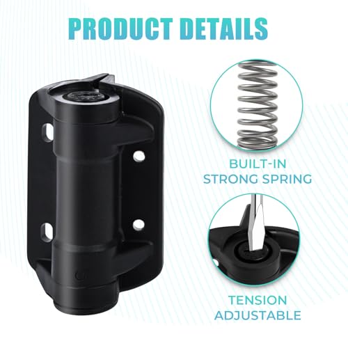 Self Closing Gate Hinges Black, 1 Pair | Tension Adjustable, Hold Up to 154lbs, Heavy Duty Spring Gate Hinges for Metal Gate, Fence,Closing Gate Hinges with Screws