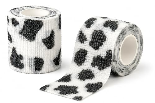 Premium Pet Vet Wrap — Non-Stick to Fur Self Adherent Bandage Wrap for Dogs, Cats & Horses, Breathable Cohesive Tape for Wounds, Paws & Legs, Animal Print Design - Pack of 2 - color: Cow Print