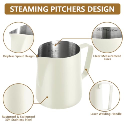 Milk Frothing Pitcher Stainless Milk Cup with Art Pen (White, 350, Milliliters) - color: White