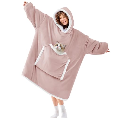 JOYWOO Pink Oversized Wearable Blanket Hoodie,Cat lovers Long Hoodie Blanket for Adult,Birthday Gifts for Women Mom Girlfriend,Cozy Sweatshirt Hooded Blanket Giant Pocket Gifts,Dusty Pink Oversize - color: Dusty Rose, size: Oversize