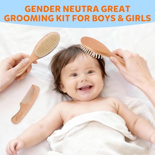 Baby Hair Brush & Comb Set, Organic Wooden Hairbrush Natural Goat Bristles for Newborns & Toddlers, Ideal for Cradle Cap & Itching, Perfect Shower and Registry Gift for Infant, Toddler (3 Piece Set) - size: 3 Piece Set