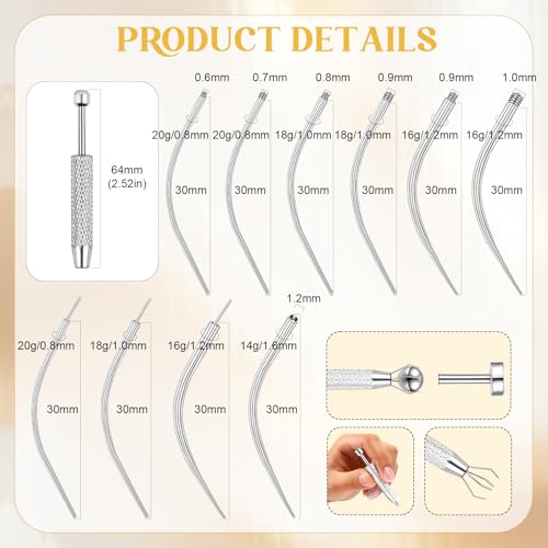14g/16g/18g Titanium Piercing Taper Insertion Pin for Internal Thread | Tragus/Helix/Lip/Nose/Helix/Piercing Jewelry Cartilage Earrings Labret Nose Studs Stretcher Assistant Tool - color: 11Pcs - Curved(Threadless + Internal Thread) 16G 18G 20G + Grabber