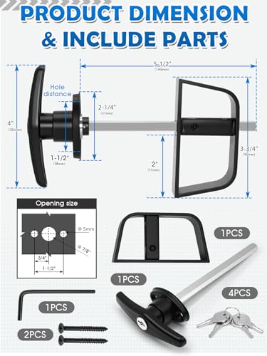 Shed Door T-Handle Lock Latch Kit with 4 Keys, Shed Barn Coop Storage Door T-Lock Set, Adjustable 5-1/2" Stem, with Spring Loaded Gate Pin Bolt Latch - 1 Lock+2 Latch - style: Lock 5-1/2" + Latch 6in