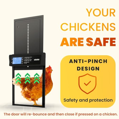 Okkobi Automatic Chicken Coop Door Solar Powered - LCD Display - Chicken Coop Door with Light Sensor & Timer - Security & Peace of Mind: Anti-Pinch Function - 5-Year Protection - Black - color: Black