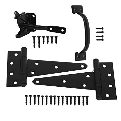 HOME MASTER HARDWARE Wood Gate Hardware Set- Heavy Duty 6" Gate Tee Hinge,Pull Set Gate Hardware Kit with Screws for Outdoor Fence Swing Gate Black Finish | 2 Pack T Strap Hinges, Self Locking Gate Latch, Pull Door Handle, Included Screws, Black, HOME MAS