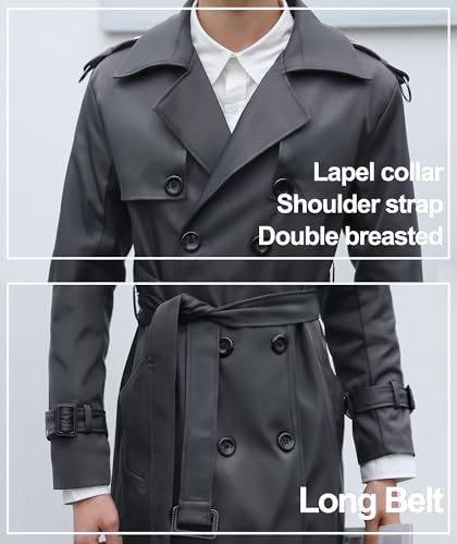 Pantete Men's Double Breasted Trench Coat Oversized Casual Windbreaker Lapel Long Jacket Overcoat - color: Dark Grey, size: Small