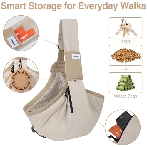 Dog Sling Carrier, Small Dog Carrier Sling for Cats & Puppies 16 lbs, Dog Carry Bag with Pockets, Light Water-Resistant Nylon, Pet Sling Carrier for Senior Pet Walks, Travel, Crowds,Home(Cream Brown) - color: Cream Brown