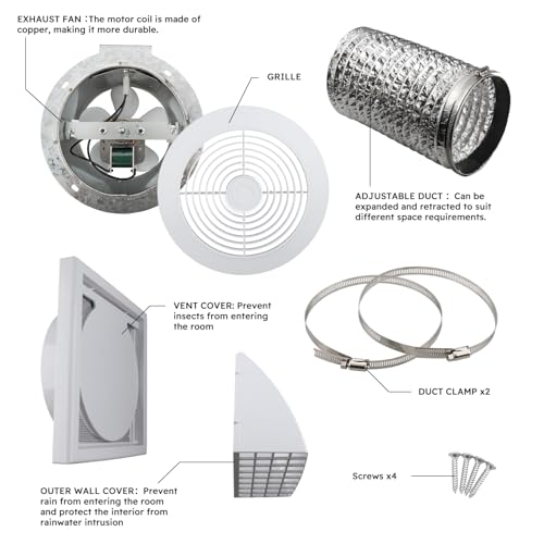 Quini 6-Inch 512M Through Wall Exhaust Fan, 80 CFM 4.0 Sones, Bathroom Wall Exhaust Fan, Kitchen Ventilation Fan, 6-inch Diameter Vent, Retractable Duct, One-Year Warranty