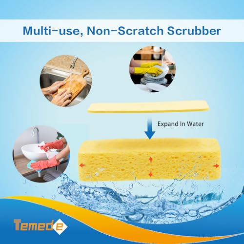 Temede Large Cellulose Sponges, Thick Absorbent Kitchen Sponges, 5-Pack | 5.5" x 3" x 1.2" (Expand), Soft Dish Sponge, Heavy Duty Scrub Sponges, Non-Scratch Cookware, Household, Compressed Packaging