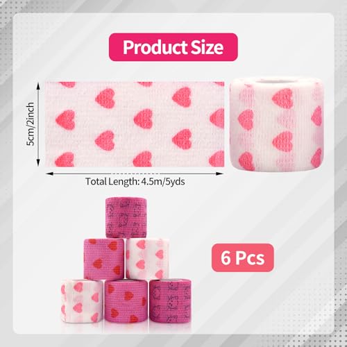 6 Roll 2 Inch x 5 Yards Heart and Cat Print Pet Vet Wrap for Dogs Cats, Cohesive Bandages in Bulk, Pink Non-Woven Self Adhesive Bandages Wrap Roll for Pet Animals Wound Care, Ankle Sprain and Swelling