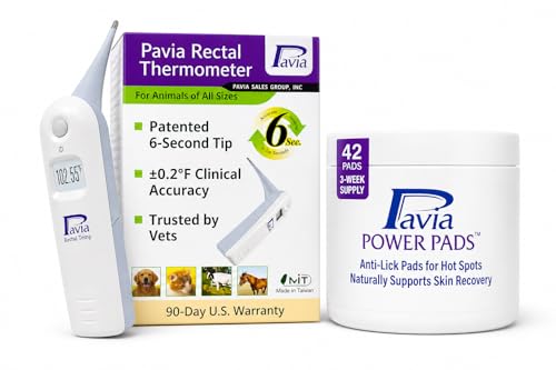 Pavia Pet Health Bundle | Veterinary Thermometer (6-Second Accurate Readings) + Power Pads Anti-Lick Wound Care | for Dogs, Cats & Horses | Essential Care Kit