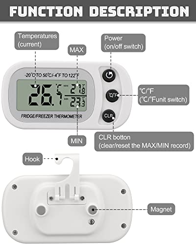 Frienda 4 Pcs White Digital Fridge Thermometer Waterproof Refrigerator and Freezer Max/min Record Function LCD Screen Refrigerator Thermometer with Hook and Magnetic Back for Home (Button) - color: White, size: Button